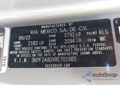 2024 Kia Forte Lxs from USA, damaged, VIN 3KPF24ADXRE701985